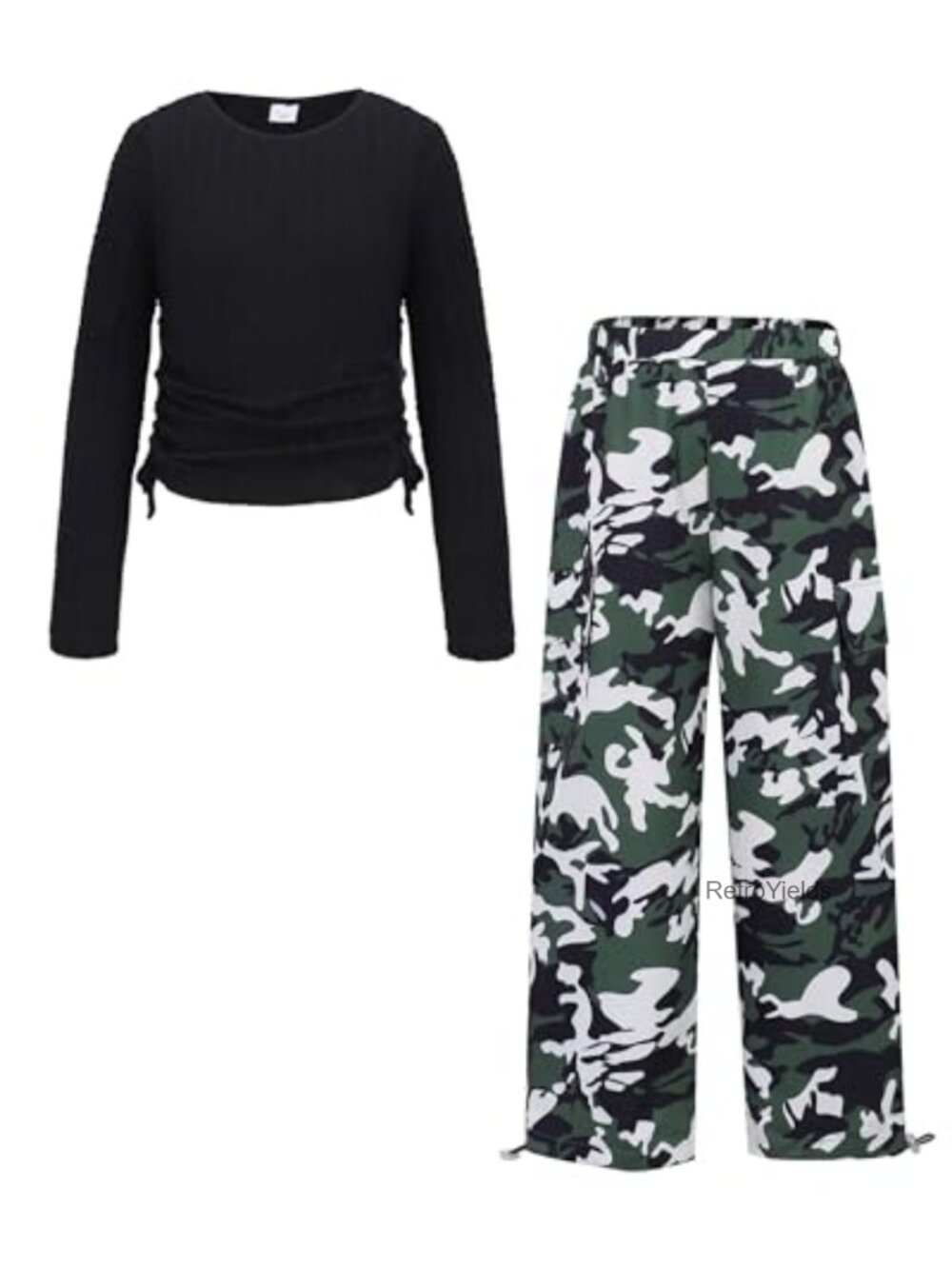 Girls 2 Piece Cargo Pants Outfit Ribbed Knit Top Adjustable Cuffs